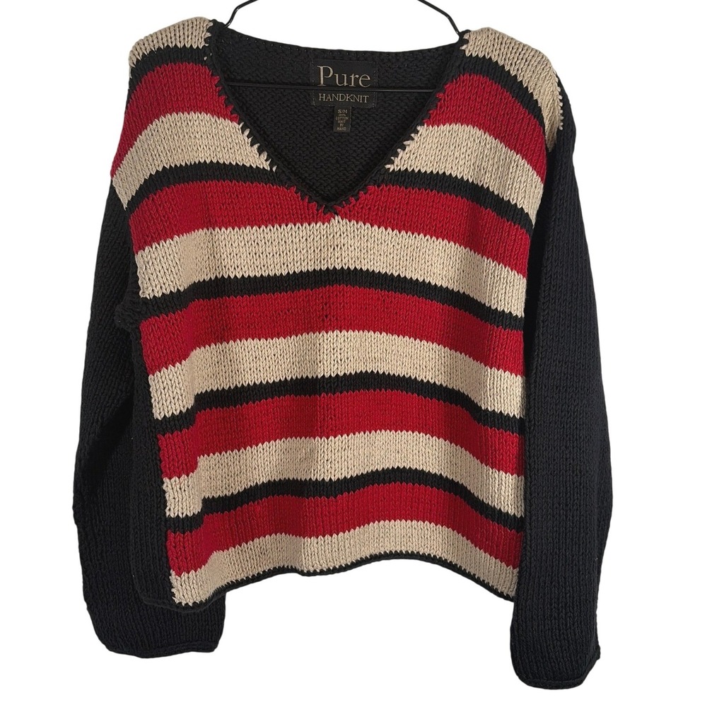 Pure Handknit Women Striped Chunky Colorblock Sweater V-Neck Cotton S/M